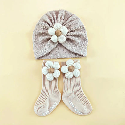1 ensemble d'accessoires de casquette pour nouveau-né, bonnets doux, couvre-chef, chaussettes, ensemble de 2 pièces pour filles, chaussettes longues en dentelle à fleurs + chapeau
