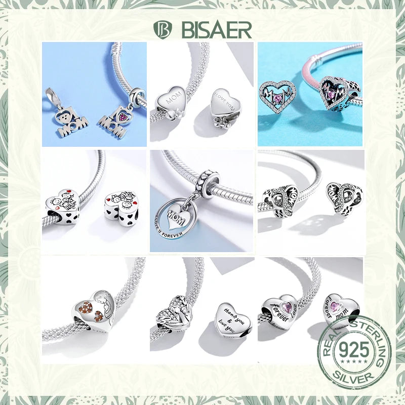 BISAER 925 en argent Sterling coeur série breloque perle coloré Zircon pendentif ajustement famille fête des mères anniversaire Bracelet bijoux à bricoler soi-même