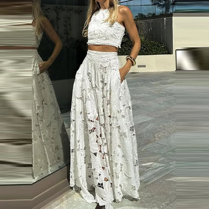Jupe de soirée creuse en Crochet brodé blanc pour femmes, costume de tempérament élégant, haut sans manches et jupe longue, ensemble Chic pour dames