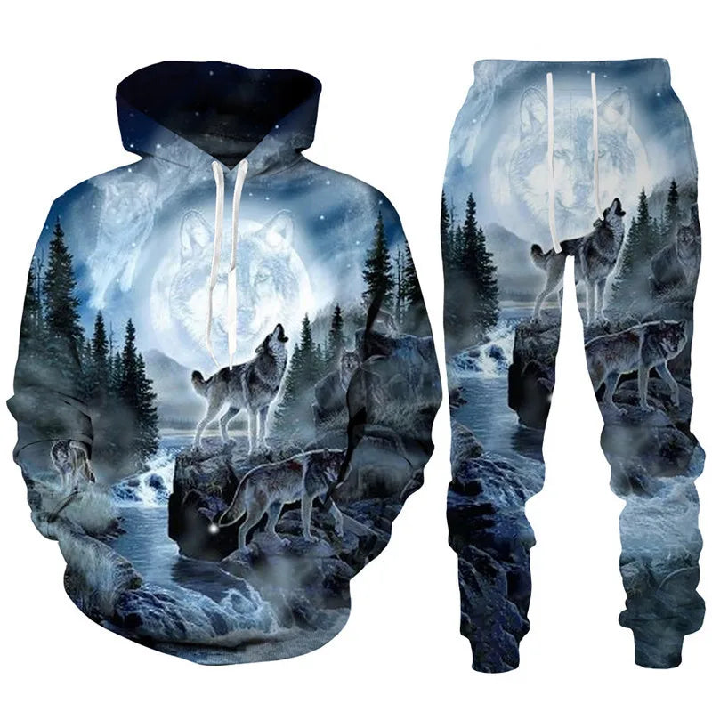Ensemble de survêtement imprimé 3D pour hommes et femmes, sweat à capuche Cool Forest Wolf, pantalon imbibé, tenues de couple Hip Hop, personnalité High Streetwear, mode