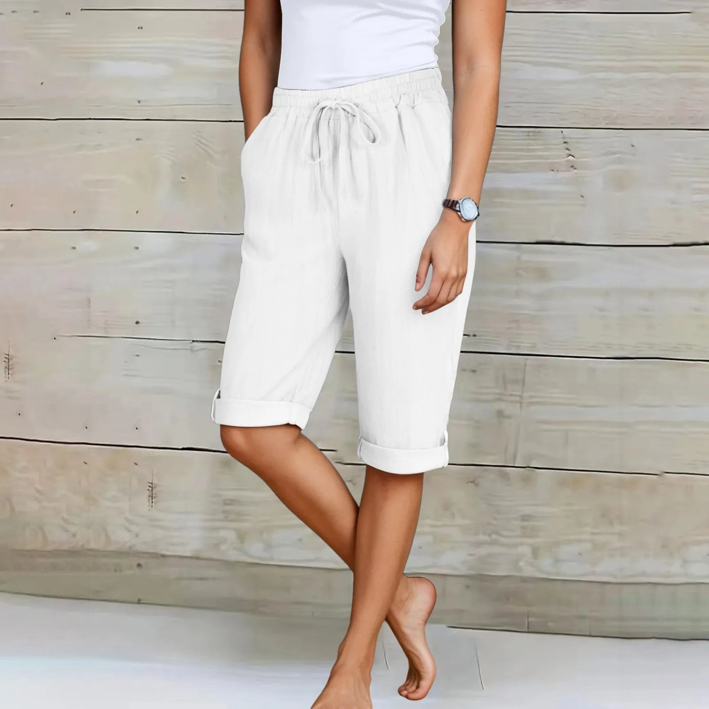 Femmes été Shorts décontracté genou longueur jambe droite taille élastique cordon à lacets pantalons courts femme genou longueur bas