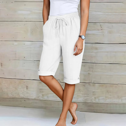 Femmes été Shorts décontracté genou longueur jambe droite taille élastique cordon à lacets pantalons courts femme genou longueur bas