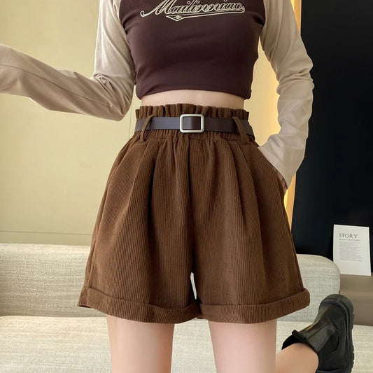 Short en velours côtelé avec ceinture pour femme, taille élastique, sertissage adt, pantalon court vintage pour bottes, automne et hiver 2024