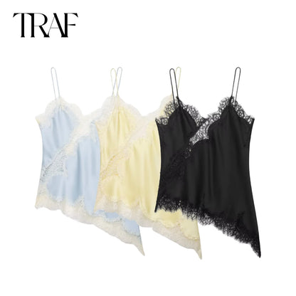 TRAF dentelle sous-vêtements décoratifs haut été nouveau 2025 femmes vêtements asymétrique col en v sexy débardeur chic France dames hauts