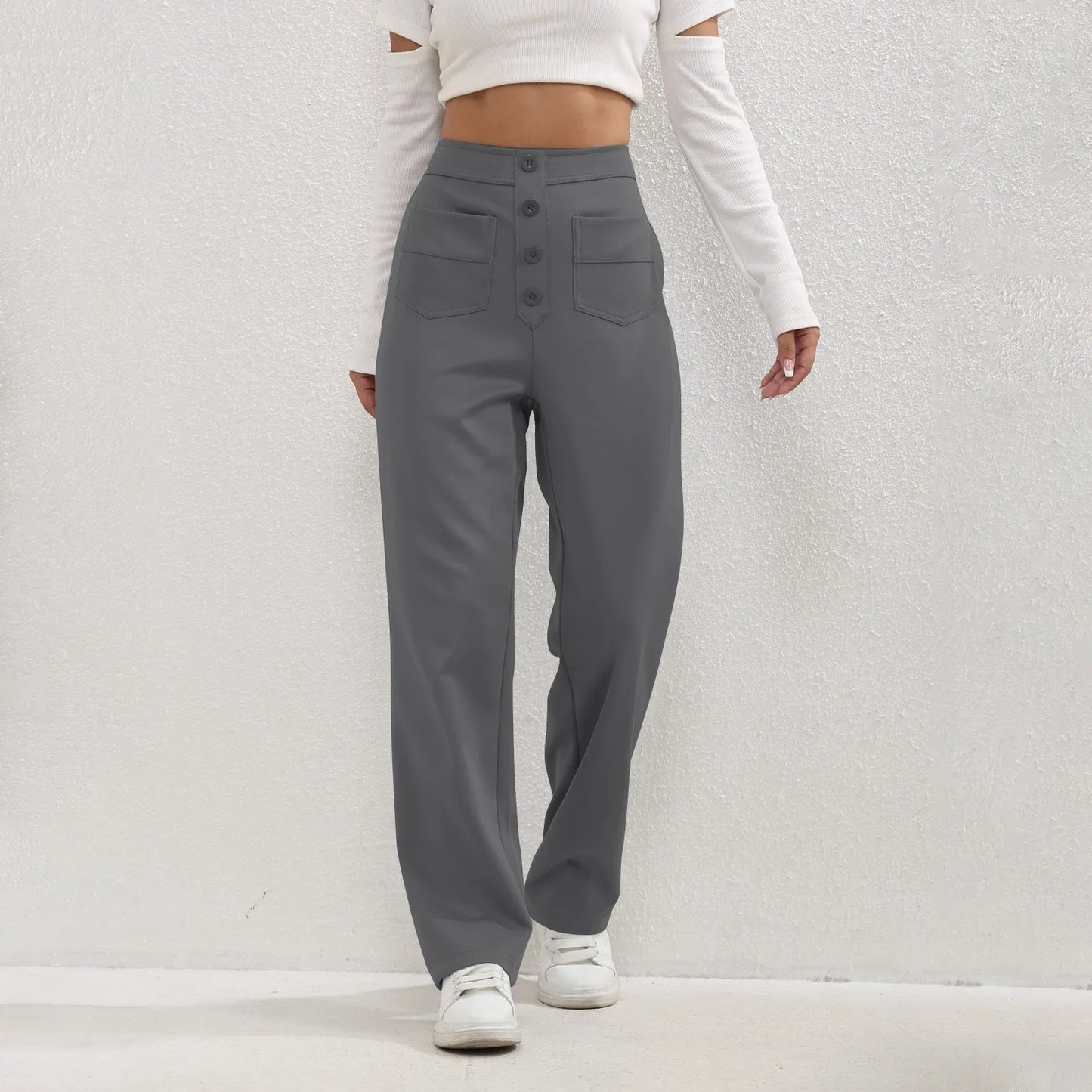 Pantalon à jambes droites pour femmes, classique, Simple, solide, taille haute, mode, poches à boutons, taille élastique, décontracté, nouvelle collection