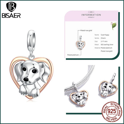BISAER 925 en argent Sterling mignon chien breloque perle teckel animal de compagnie pendentif platine plaqué ajustement femmes Bracelet à bricoler soi-même bijoux fins
