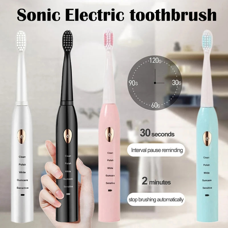 Brosse à dents électrique sonique, cheveux doux, étanche IPX7, Mode 5 vitesses, minuterie de blanchiment, chargement USB, pour adultes, 4 couleurs