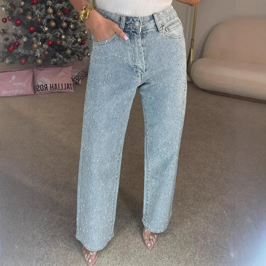 Jean droit pour femmes diamants pantalon Stretch taille haute lavé poches en détresse Vintage Denims Streetwear femme pantalon