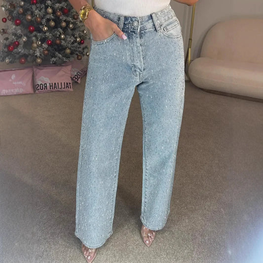 Jean droit pour femmes diamants pantalon Stretch taille haute lavé poches en détresse Vintage Denims Streetwear femme pantalon