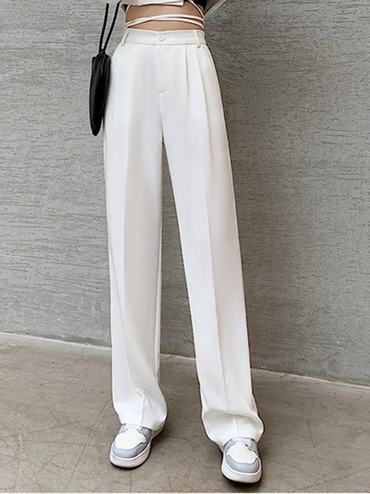 Pantalon décontracté taille haute pour femmes, jambes larges, ample, longueur au sol, costumes blancs, pantalons longs pour dames, nouvelle collection printemps automne