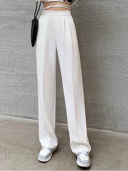 Pantalon décontracté taille haute pour femmes, jambes larges, ample, longueur au sol, costumes blancs, pantalons longs pour dames, nouvelle collection printemps automne