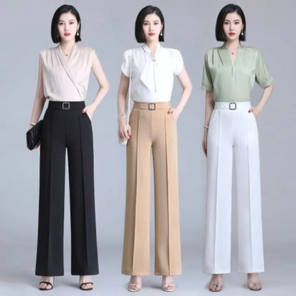 Pantalon à Jambes Larges pour Femme, Slim Ice, artificiel astique, Taille Haute, Poches, Droit, Polyvalent, Court, Printemps, Été, Nouveau
