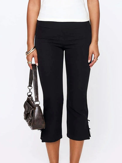 Pantalon Capri pour femmes, couleur unie, décor avec nœud, pantalon court décontracté, extensible, Leggings courts, été