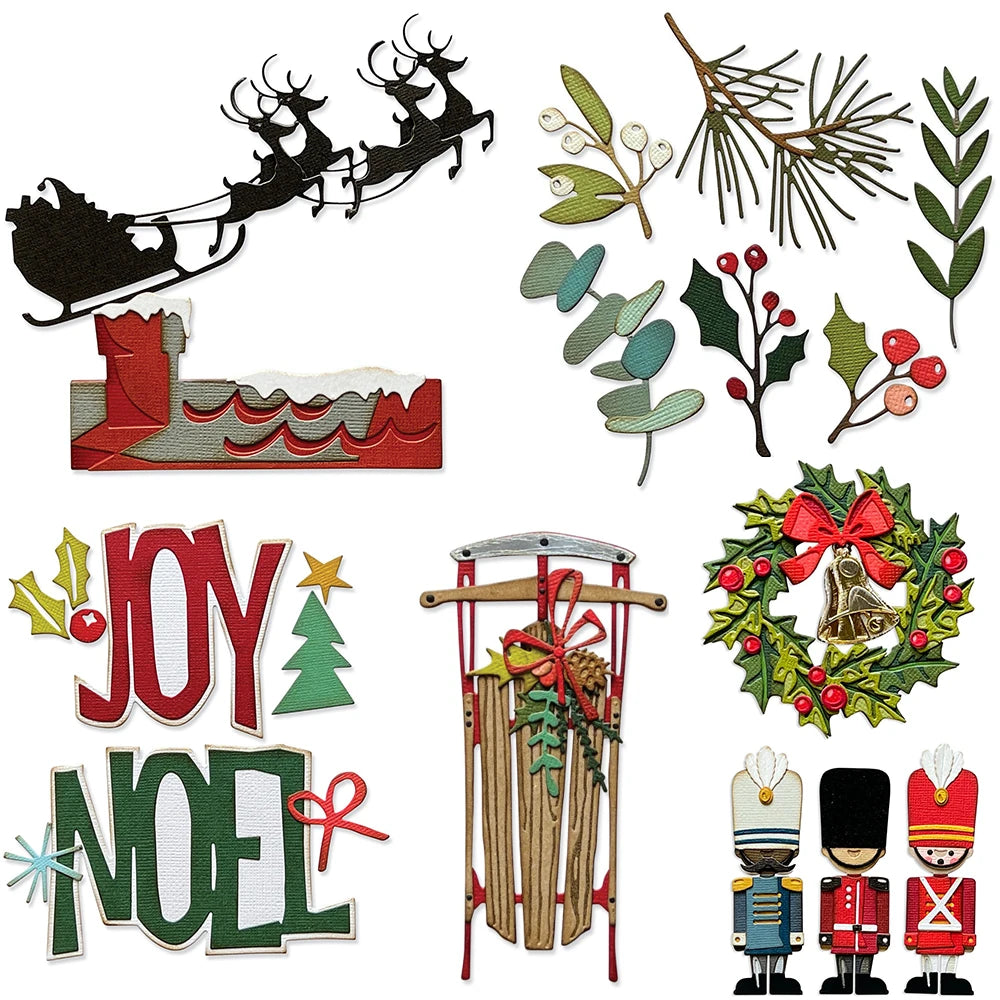 Matrices de découpe en métal, traîneau de renne de noël, JOY of NOEL, pour bricolage, artisanat de Scrapbooking, fabricant de cartes, modèle de gaufrage d'album Photo