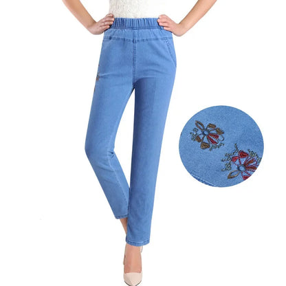 L-5XL Jeans Femme Printemps Été Nouvelle Broderie Neuf Denim Pantalon Slim Taille Haute artificiel asticité Casual Femmes Cowboy Pantalon H450