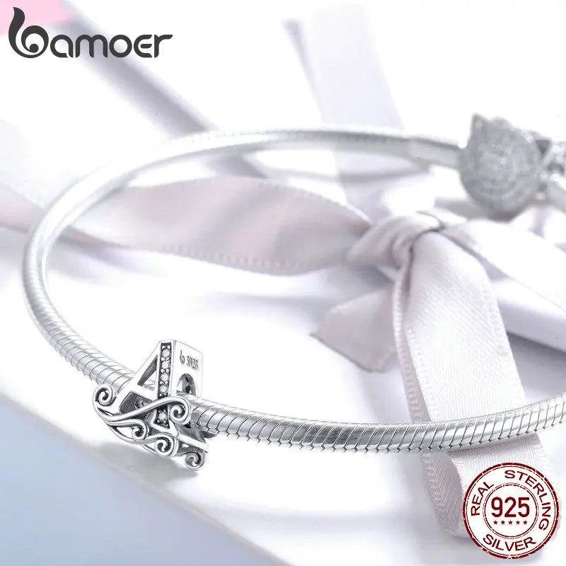 BAMOER classique 925 en argent Sterling lettre Vintage A à Z 26 lettre breloques ajouré CZ Alphabet perles ajustement bracelet à breloques BSC030