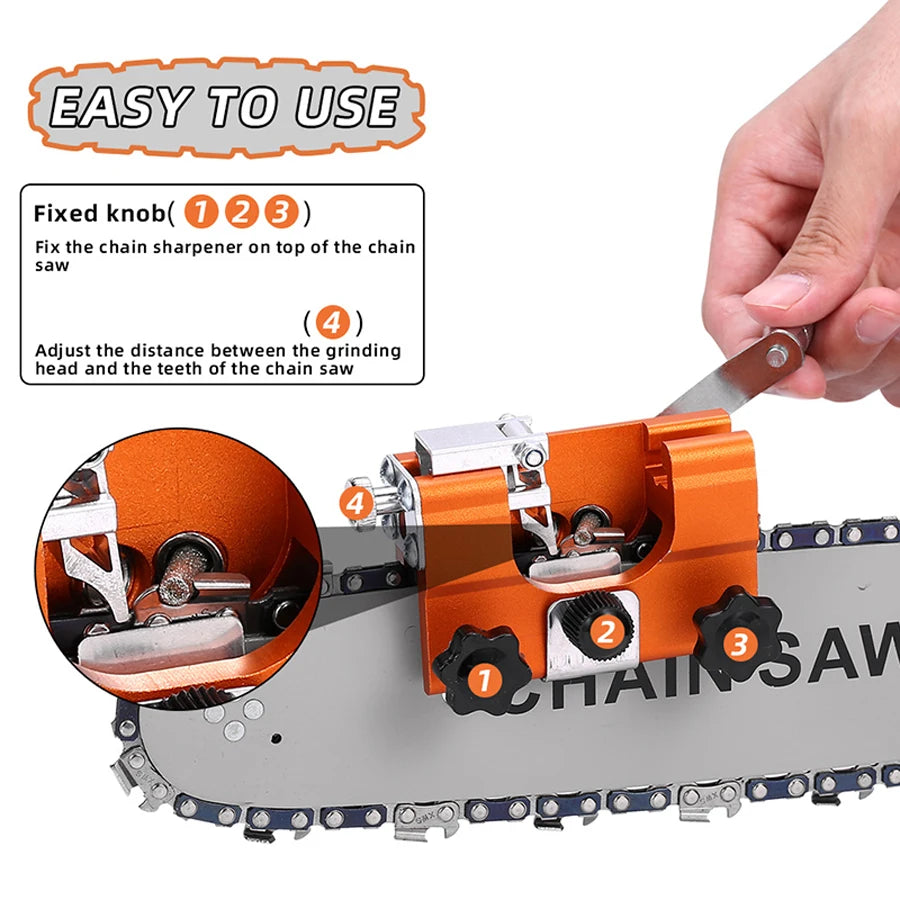 1 jeu d'affûtage de tronçonneuse, affûteur de tronçonneuse portable, outil d'affûtage de tronçonneuse à manivelle avec 4 têtes de meulage en carbure à double usage, conception de manchon de guidage étendu, pince d'a