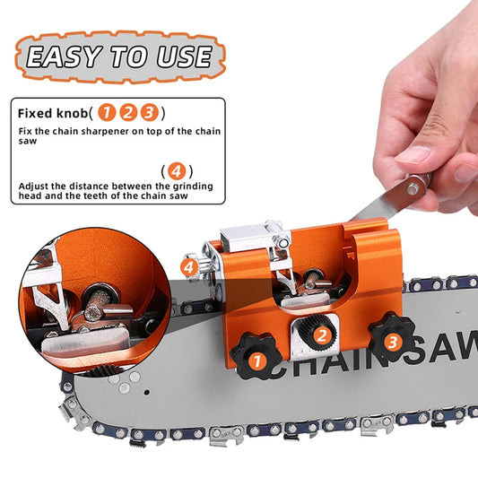 1 jeu d'affûtage de tronçonneuse, affûteur de tronçonneuse portable, outil d'affûtage de tronçonneuse à manivelle avec 4 têtes de meulage en carbure à double usage, conception de manchon de guidage étendu, pince d'a