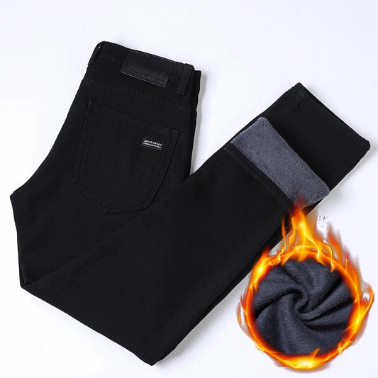 2025 nouveaux hommes d'hiver noir droit Stretch Denim épais velours pantalon chaud jean décontracté polaire ligne pantalon mâle grande taille