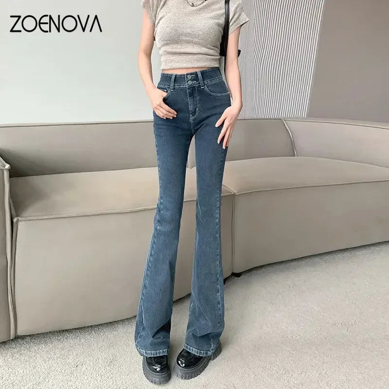 ZOENOVA-Jean baggy taille haute pour femme, pantalon évasé chic, bleu, gris, fer à cheval, Bootcut Denim Streetwear, vêtements Y2K, nouveau, 2023