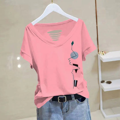 Économie en coton à manches courtes pour femmes, impression de documents solides, t-shirts à col en V, pulls évidés décontractés à la mode, été, nouveau, 2023