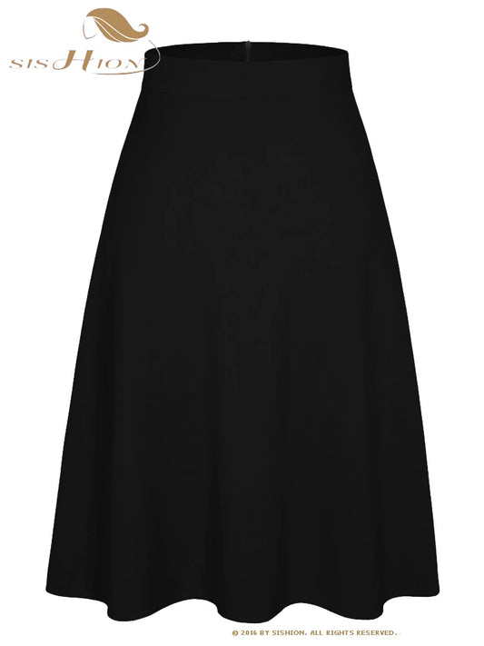 SISHION 2025 printemps été décontracté femmes jupe Midi SS0031 solide couleur Pure taille haute école rétro Vintage 50 s 60 s jupes noires
