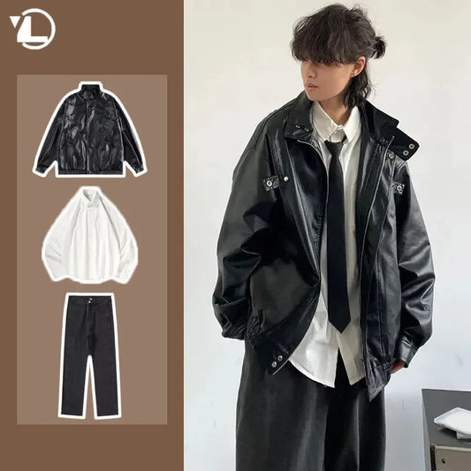 Ensemble 3 pièces rétro pour hommes et femmes, veste ample en cuir Pu coréen, jean droit, chemises blanches à manches longues, ensembles de costumes décontractés de rue