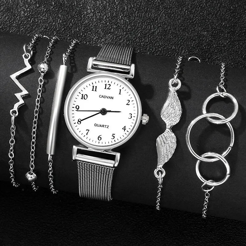 Ensemble de montres à quartz en maille argentée pour femmes, 6 pièces