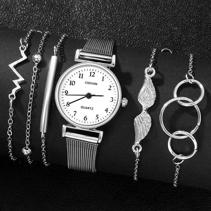 Ensemble de montres à quartz en maille argentée pour femmes, 6 pièces