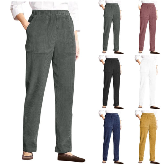 Pantalon en velours côtelé pour femme, décontracté, taille haute, jambe droite, couleur unie, pantalon Baggy confortable avec poches