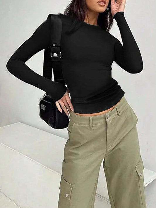 T-shirt à Manches sulfpour Femme, Vêtement Décontracté, Couleur Unie, Coupe Slim, Collection Automne