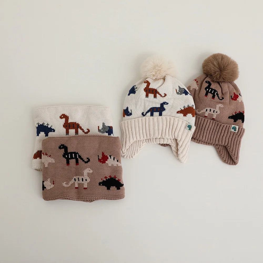 Bonnet tricoté petit dinosaure pour enfants de 2 pièces à 12 ans, ensemble écharpe de chapeau chaud de protection des oreilles pour enfants, chapeau d'automne et d'hiver