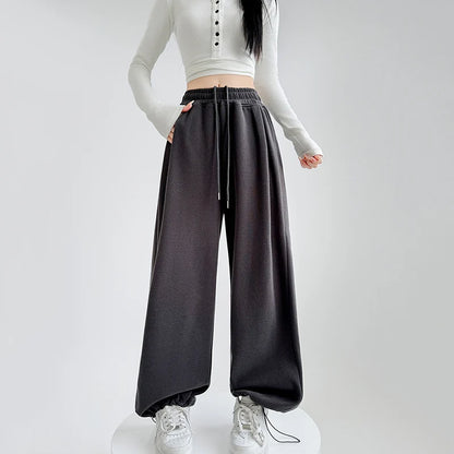 Pantalon de survêtement taille haute pour femme, noir et gris, taille élastique, jambes larges, confortable, droit, ample, Sport, printemps automne