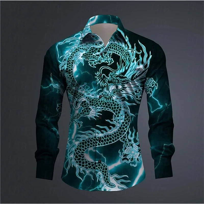 Chemise à manches longues imprimée en 3D abstraite pour hommes, haut à revers confortable, culture du dragon, tendance de la mode, tenue quotidienne