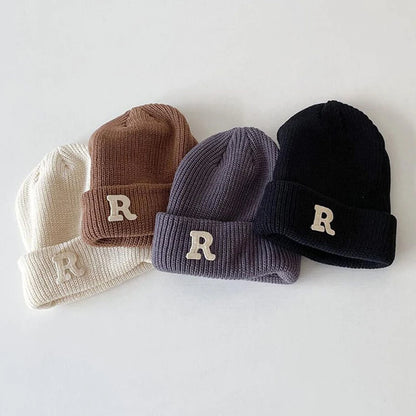 Chaud bébé hiver chapeaux pour enfants bonnet tricoté couleur bonbon R lettre en plein air décontracté enfants filles bonnet chapeau
