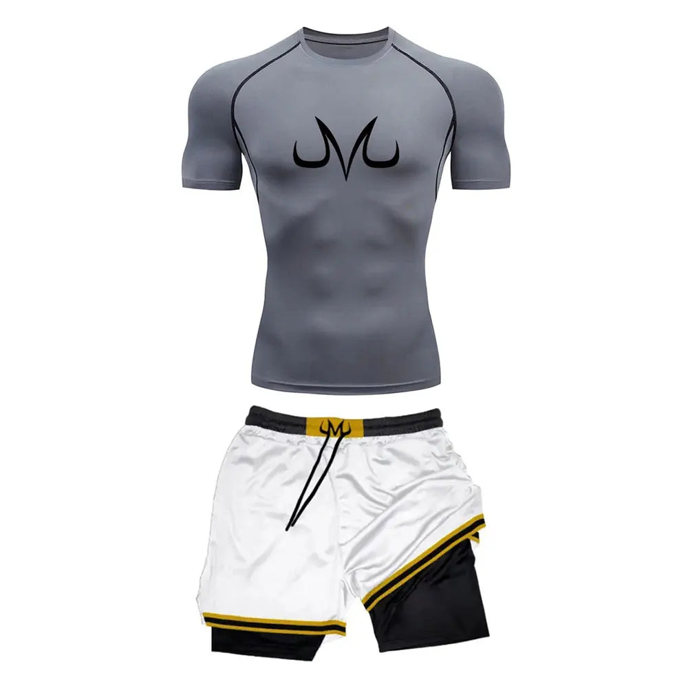 Chemise de Compression + short de gymnastique 2 pièces entraînement été Anime imprimé ensemble de Compression de gymnastique course Sport Fitness costume pour hommes vêtements de Sport