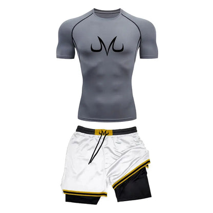 Chemise de Compression + short de gymnastique 2 pièces entraînement été Anime imprimé ensemble de Compression de gymnastique course Sport Fitness costume pour hommes vêtements de Sport