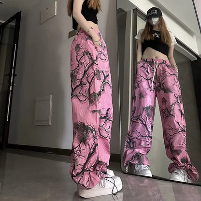 Y2k rose Graffiti impression complète pantalon causal rue Hip-hop amusant pantalon à jambes larges pour les femmes été taille haute ample et minceur Tre