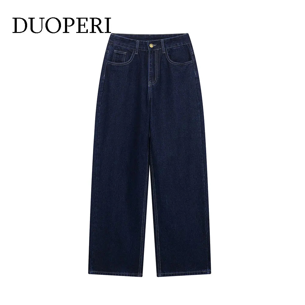 DUOPERI femmes mode Denim bleu marine pantalon droit Vintage jean taille haute pleine longueur femme Chic dame pantalon