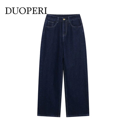 DUOPERI femmes mode Denim bleu marine pantalon droit Vintage jean taille haute pleine longueur femme Chic dame pantalon