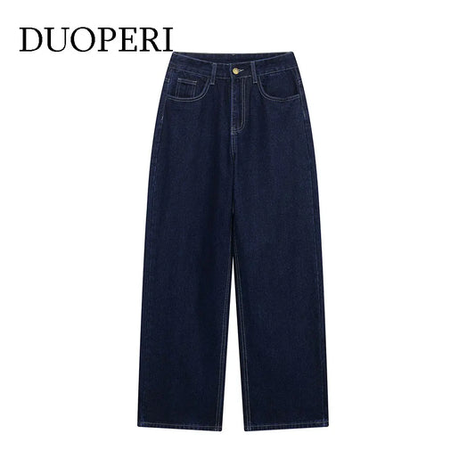 DUOPERI femmes mode Denim bleu marine pantalon droit Vintage jean taille haute pleine longueur femme Chic dame pantalon