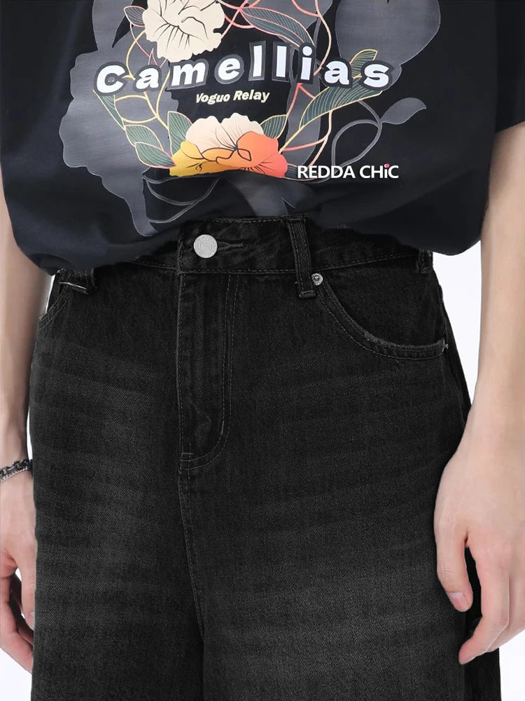 ReddaChic-Short en Denim pour Homme, Baggy Brossé, Vintage, Noir, Bord Brut, Décontracté, Y2k, Hip Hop, Jambes Larges