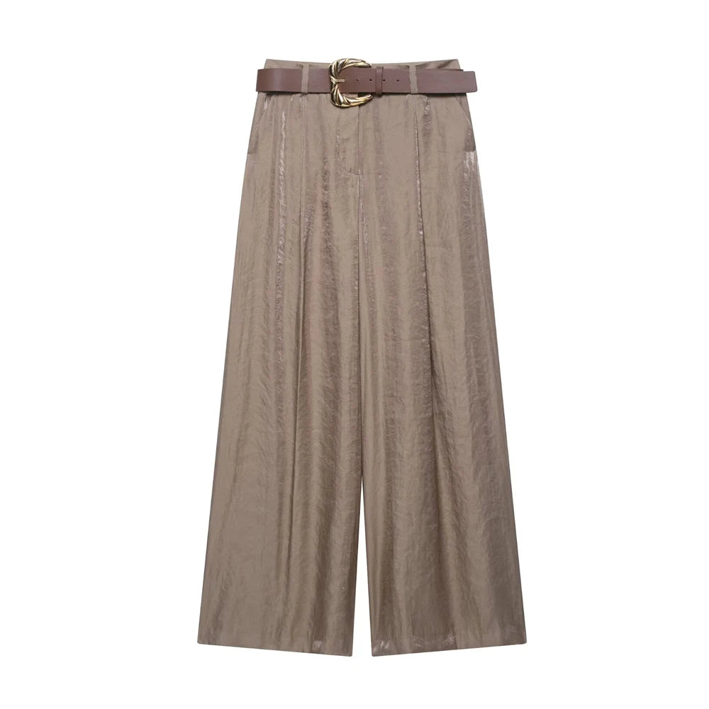 TRZA taille haute pantalon à jambes larges pour femmes mode ceinture avant fléchettes poches latérales pantalon femme