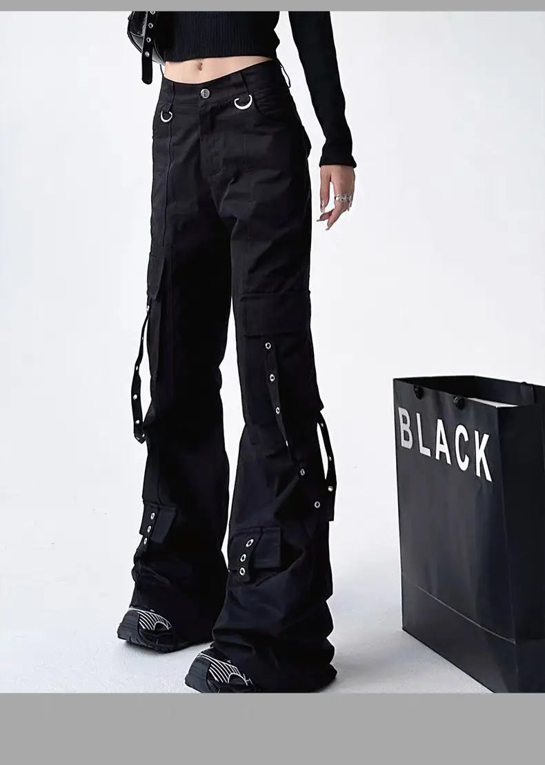 Pantalon évasé cargo gothique noir pour femme, vintage, Harajuku, années 90, rétro, taille haute, jambe large, fjStreetwear, années 2000, Y2k