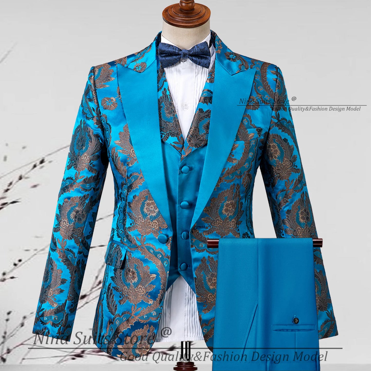 G & N-Smokings de soirée pour homme, ensemble 3 pièces, blazer sur mesure, revers Patricia, un bouton, bleu lac, brume dorée, zones florales, luxe, 2025