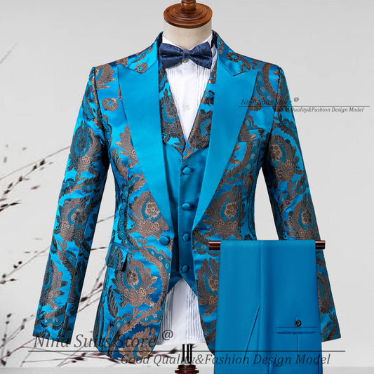 G & N-Smokings de soirée pour homme, ensemble 3 pièces, blazer sur mesure, revers Patricia, un bouton, bleu lac, brume dorée, zones florales, luxe, 2025