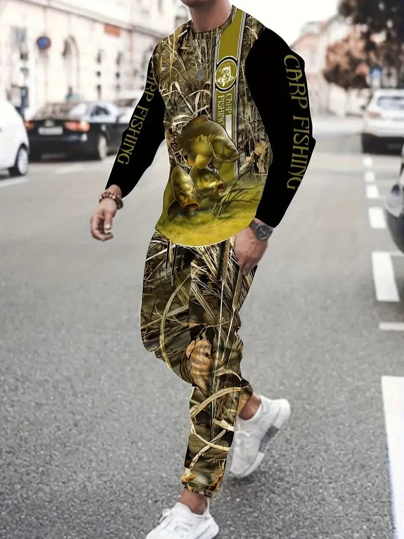 Ensemble de vêtements de sport à manches longues pour hommes, t-shirt de pêche à la carpe, pantalons de survêtement respirants, vêtements de sport trempés, mode cool, automne, fjSet, 2 pièces