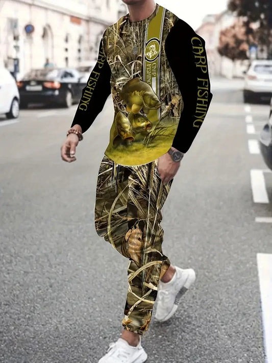Ensemble de vêtements de sport à manches longues pour hommes, t-shirt de pêche à la carpe, pantalons de survêtement respirants, vêtements de sport trempés, mode cool, automne, fjSet, 2 pièces