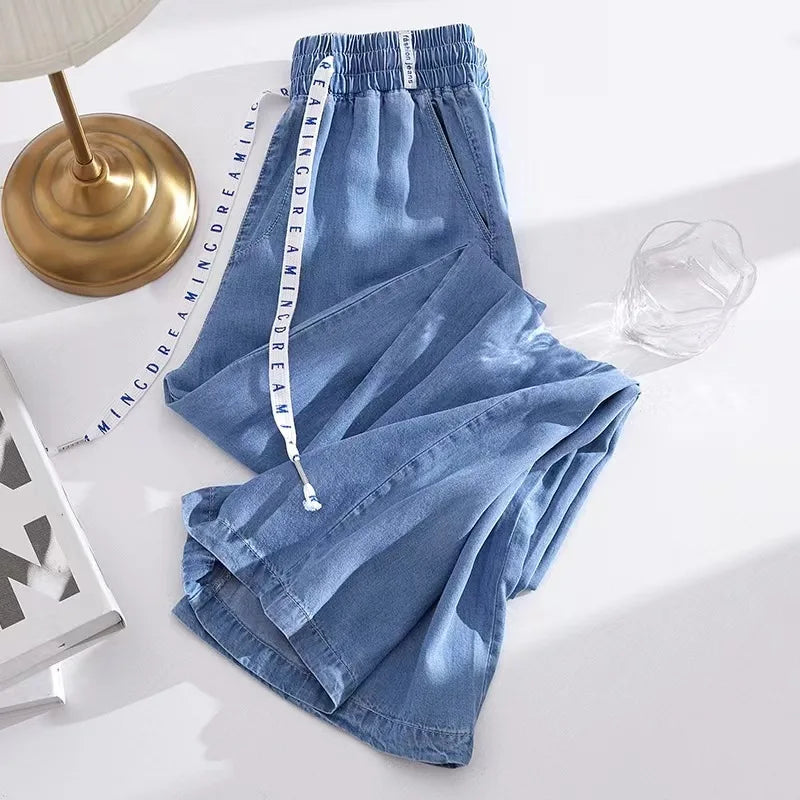Jean élastique taille haute et jambes larges. Nouveau jean Tencel fin décontracté à lacets en soie glacée à la mode pour les femmes au printemps et en été