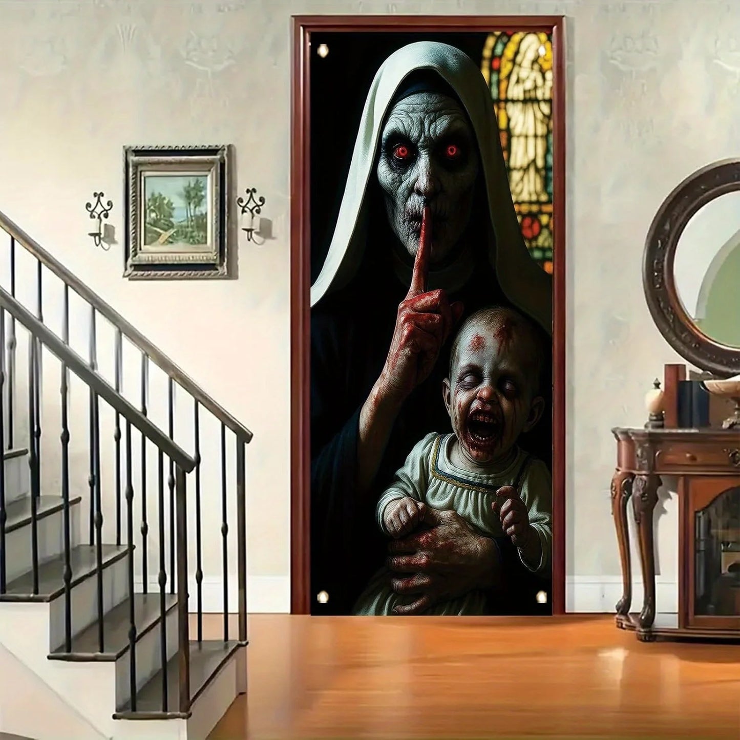 Une décoration de porte d'Halloween, un bannière terrifiuse zombie, monstres eerie, un rideau de porte d'entrée, des décorations terrificantes
